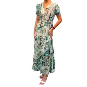 Atelier green multi patchwork print eyelet tiered short sleeve dress